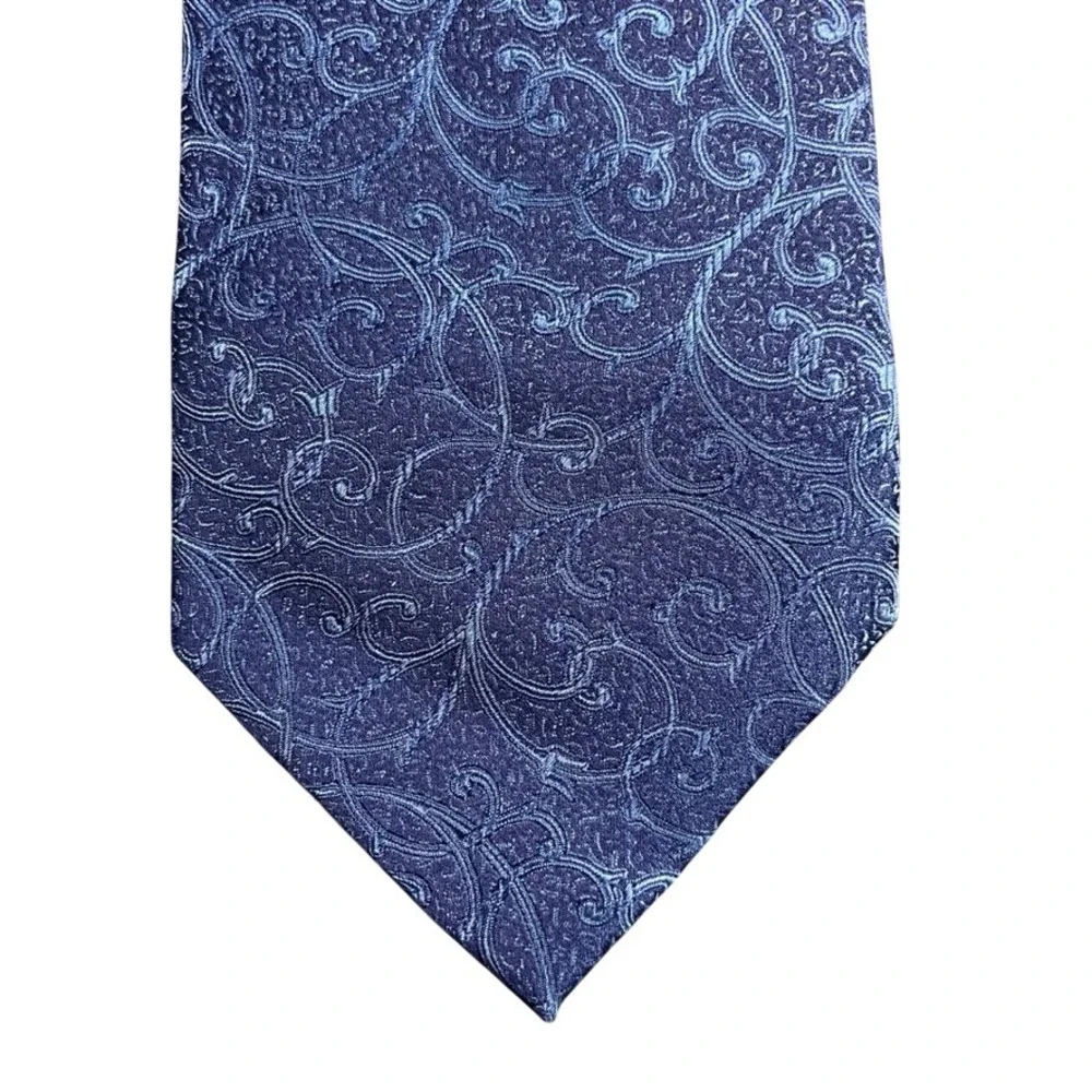 Sean John Mens Silk Necktie Navy Blue Scroll Filigree Jacquard Handmade Tie